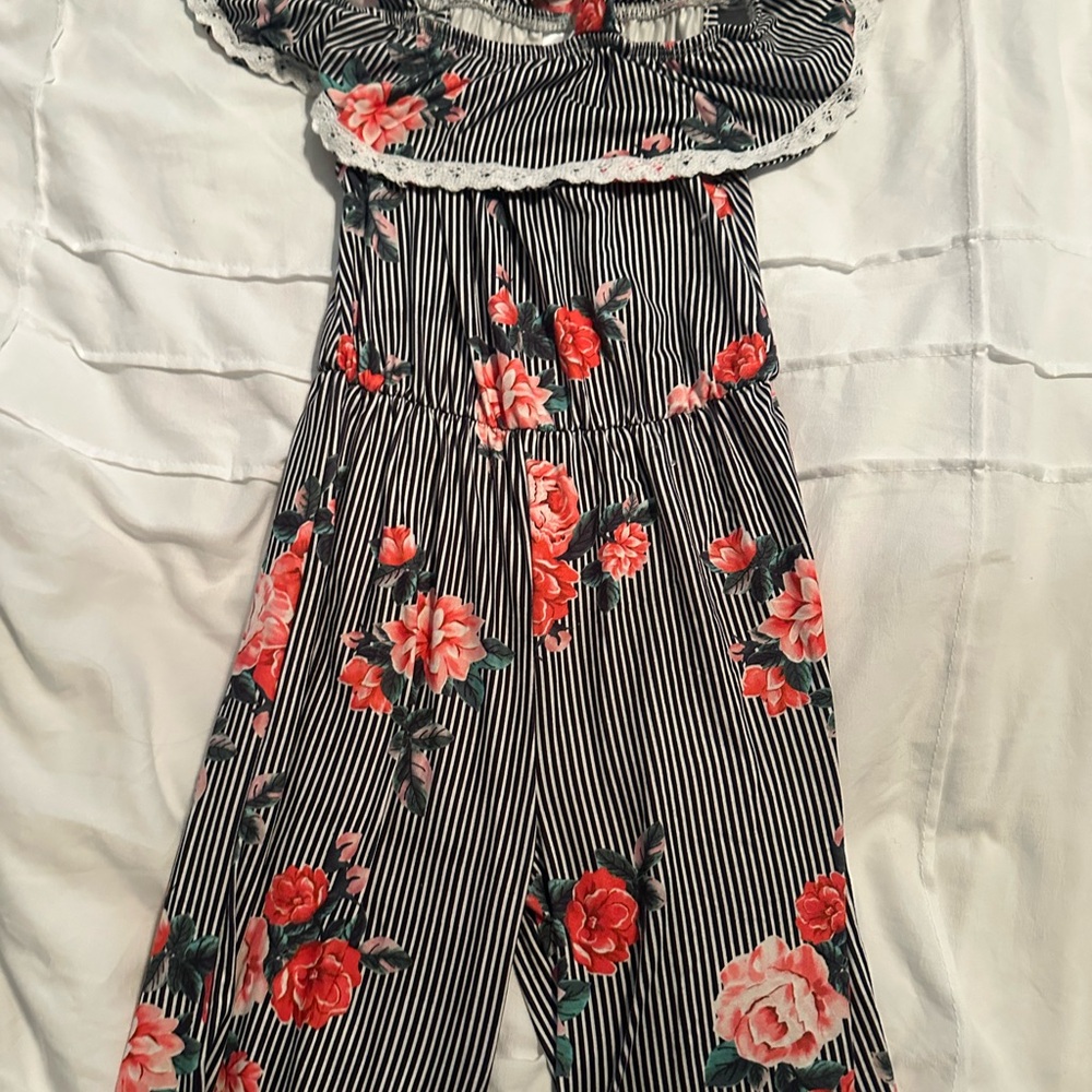 Girls Floral Striped Off-Shoulder Romper